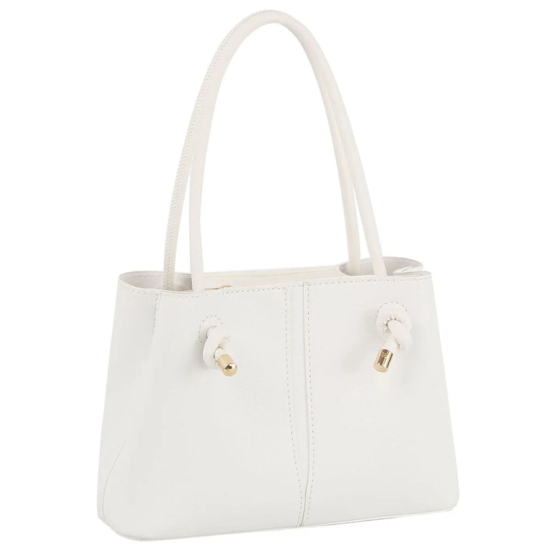 White leather handle satchel with structured shape and dual handles for stylish appeal