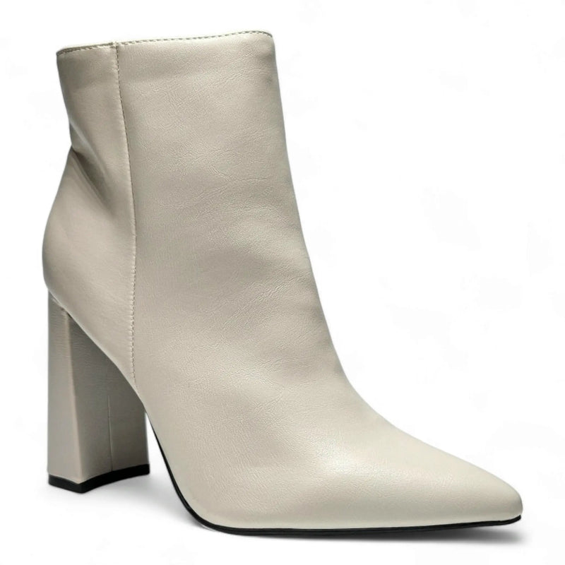 White leather slim pointed ankle bootie with thick high heel and pointed toe design