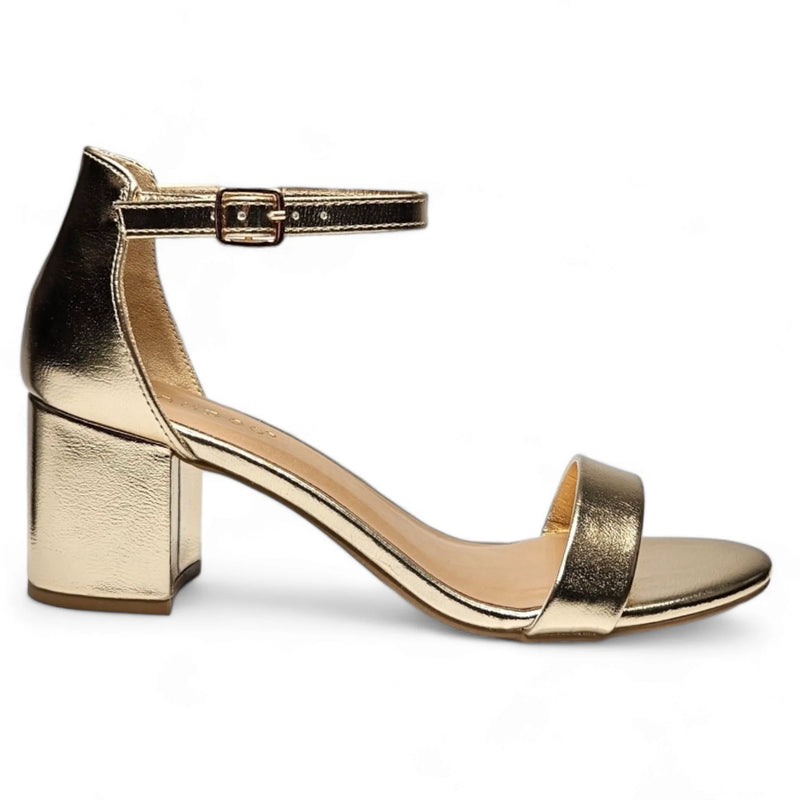 Gold metallic block heel sandal with ankle strap from Head Over Heels