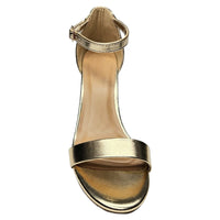 Gold metallic ankle-strap sandal with low heel from Head Over Heels