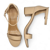 Beige leather block heel sandals with ankle straps from Head Over Heels