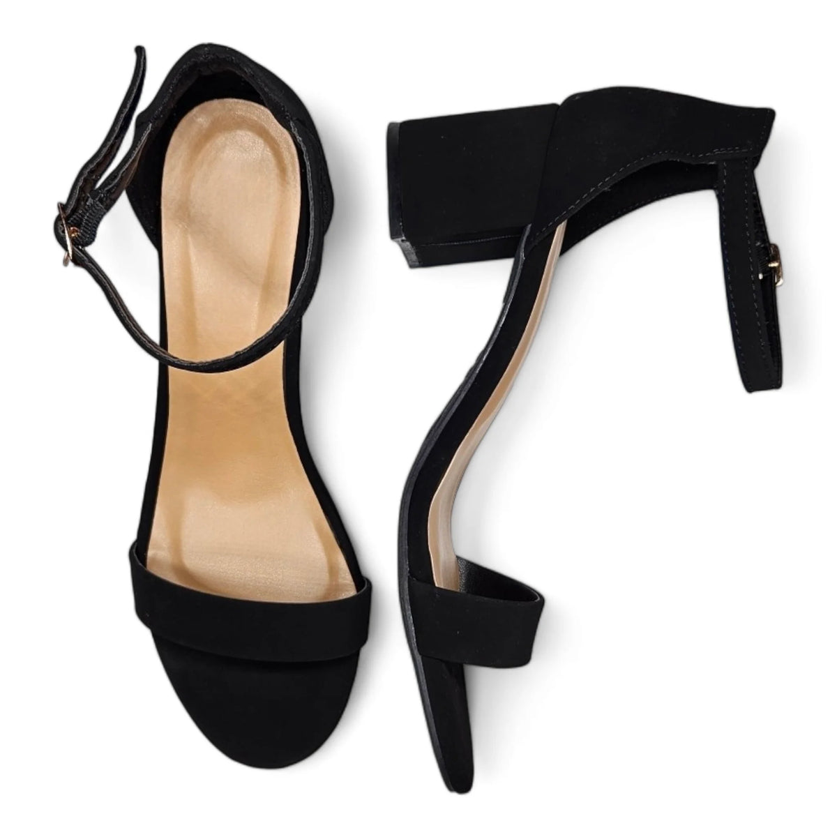 Black high-heeled sandals with ankle straps from Head Over Heels collection