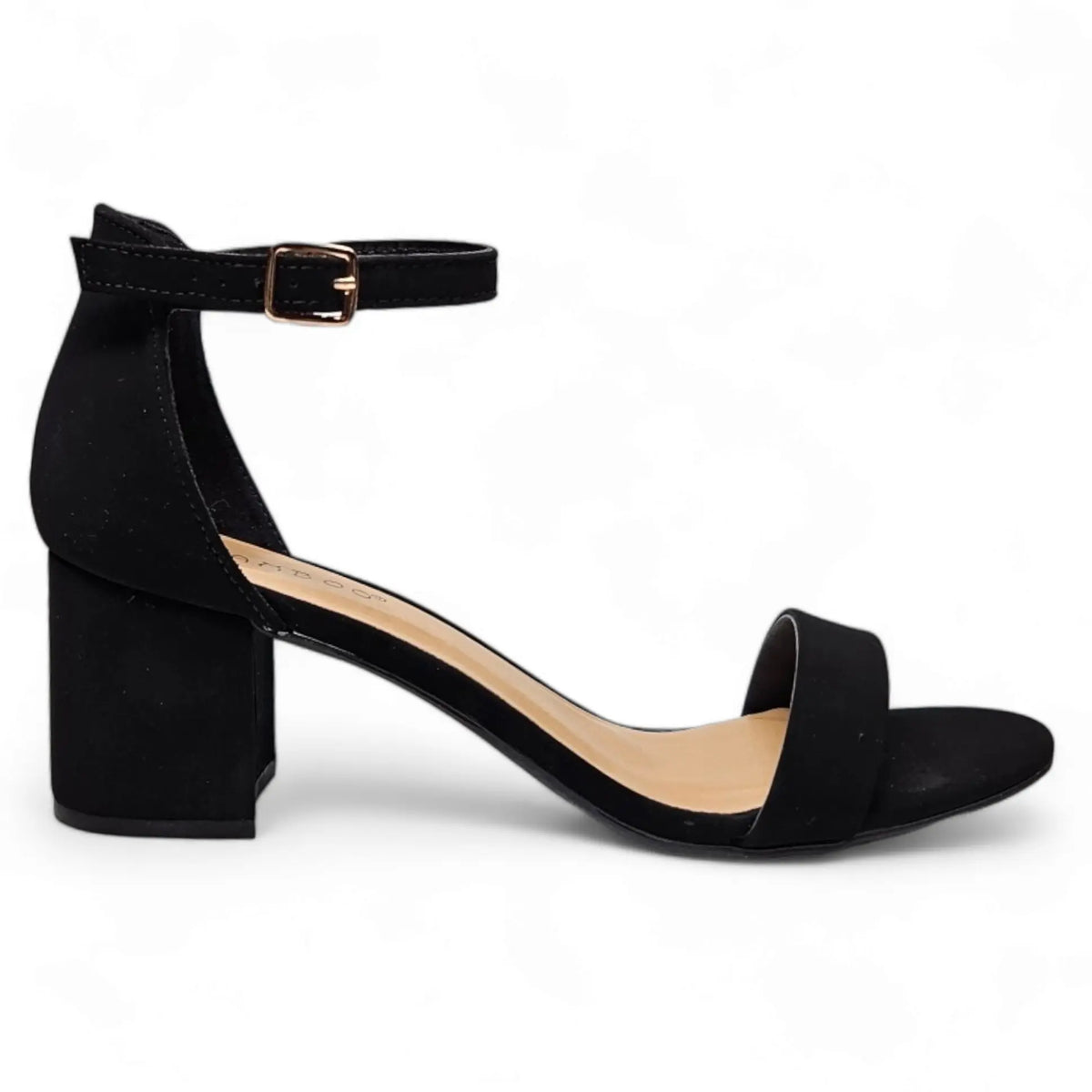 Black suede ankle-strap sandal with low block heel from Head Over Heels