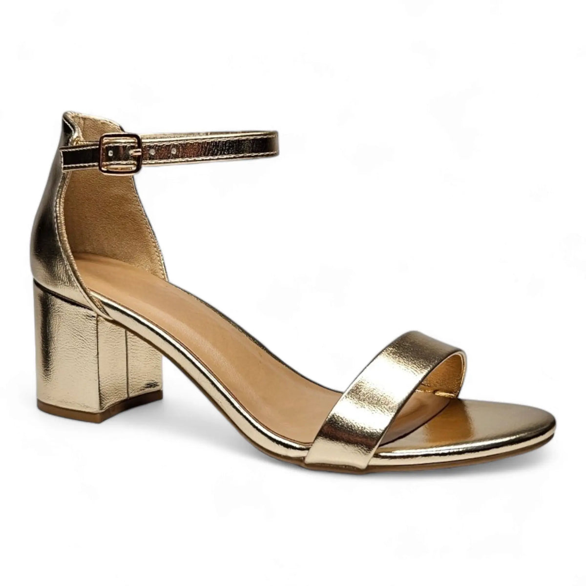 Gold metallic ankle-strap sandal with low block heel by Head Over Heels