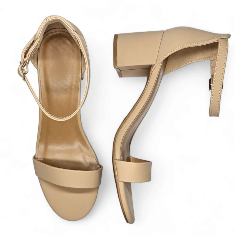 Beige leather block heel sandals with ankle straps from Head Over Heels