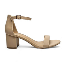 Beige leather sandal with chunky heel and ankle strap from Head Over Heels