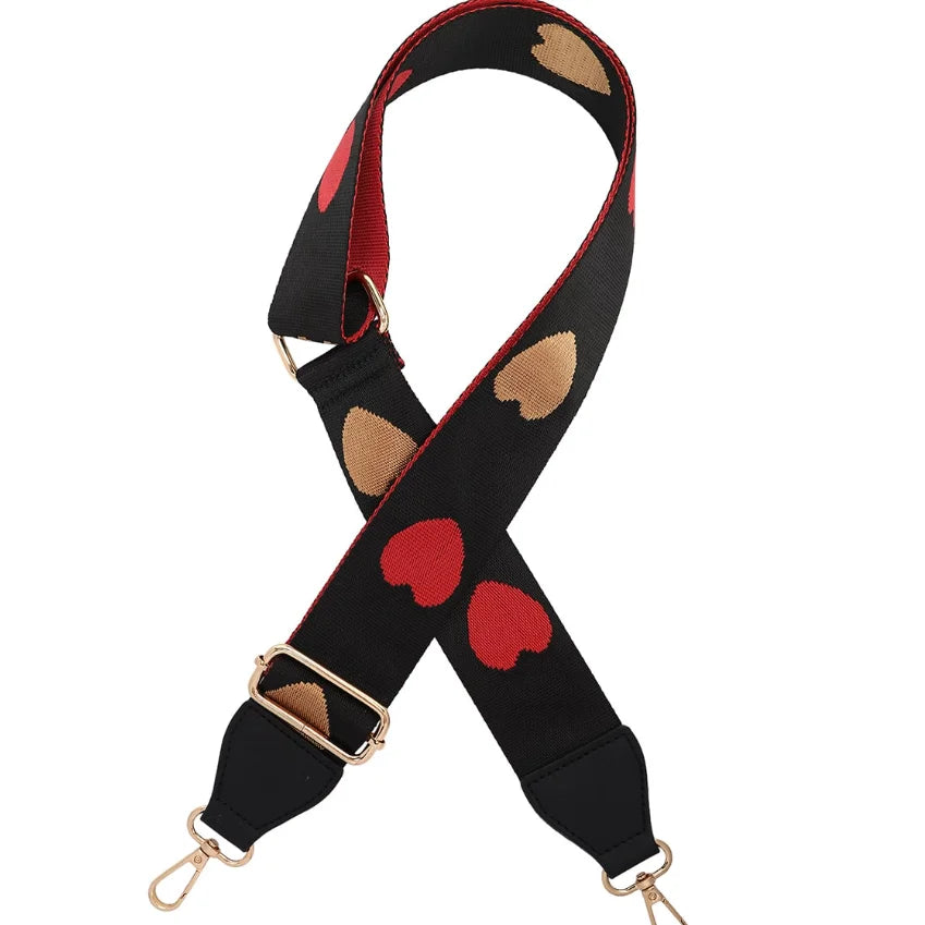 Decorative Hearts Guitar Bag Strap in black, red, and tan heart pattern design