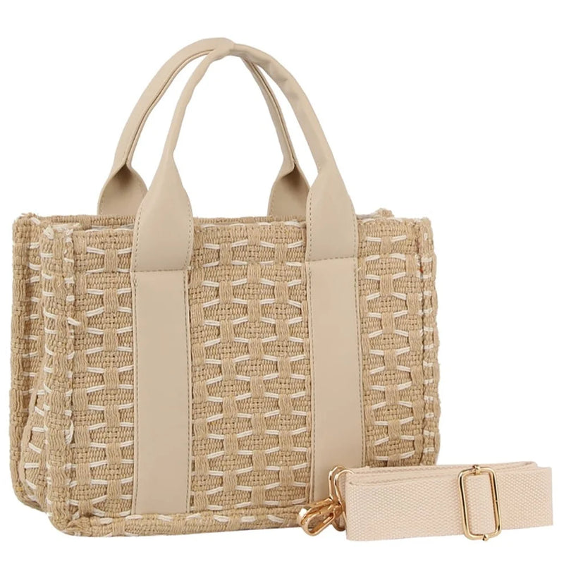 Beige Honeycomb Tote Bag with fabric handles and detachable shoulder strap