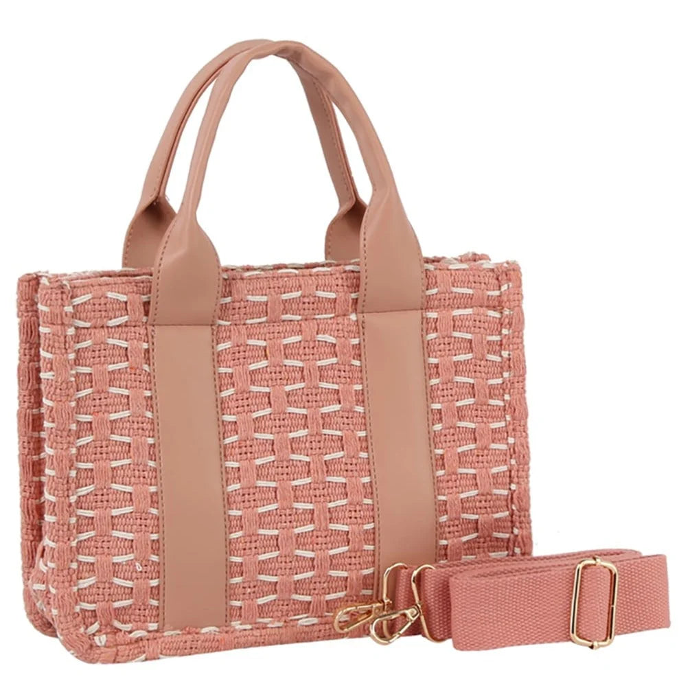 Pink woven Honeycomb Tote Bag with leather handles and detachable shoulder strap