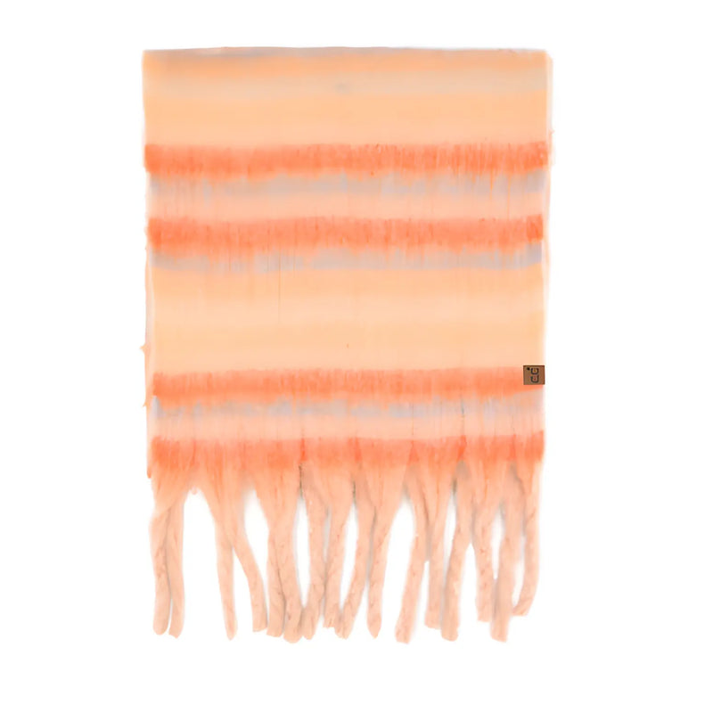 Peach and coral striped scarf with fringed tassels in Horizontal Multi Color Stripe Woven Scarf