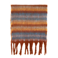 Horizontal Multi Color Stripe Woven Scarf with rust and blue-gray bands and tassels