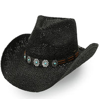 Black straw cowboy hat with turquoise studs, perfect for a Howdy Cowgirl Charm look