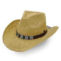 Straw cowboy hat with leather and silver concho band, perfect for Howdy Cowgirl Charm style