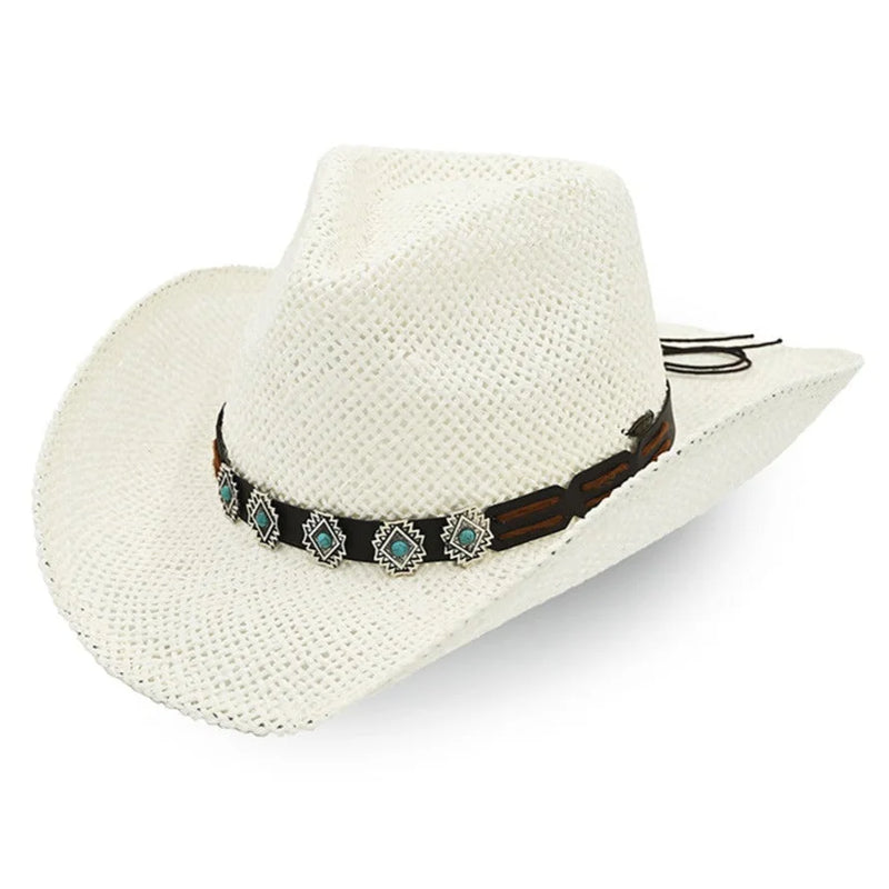 White straw cowboy hat with leather and turquoise band, perfect for Howdy Cowgirl Charm