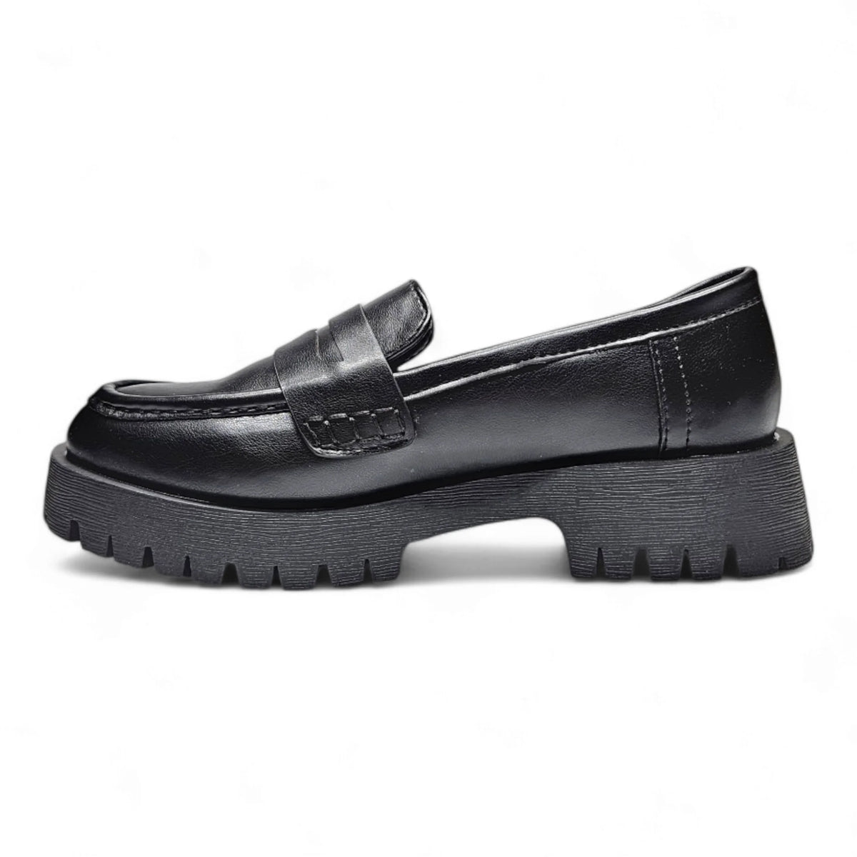 Black leather Hutch Penny Loafer with chunky treaded sole for stylish comfort