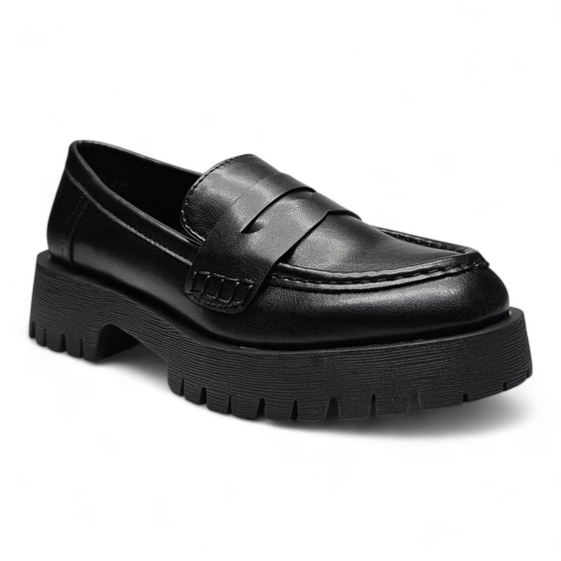 Black leather Hutch Penny Loafer with chunky sole and penny strap detail