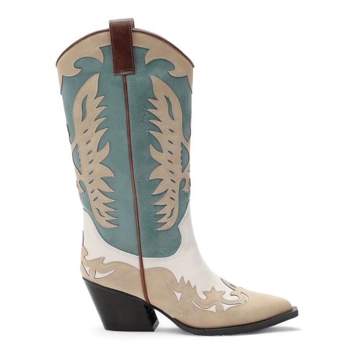 Western-style Idaly Mid-Calf Cowgirl Boots in turquoise and cream with decorative stitching