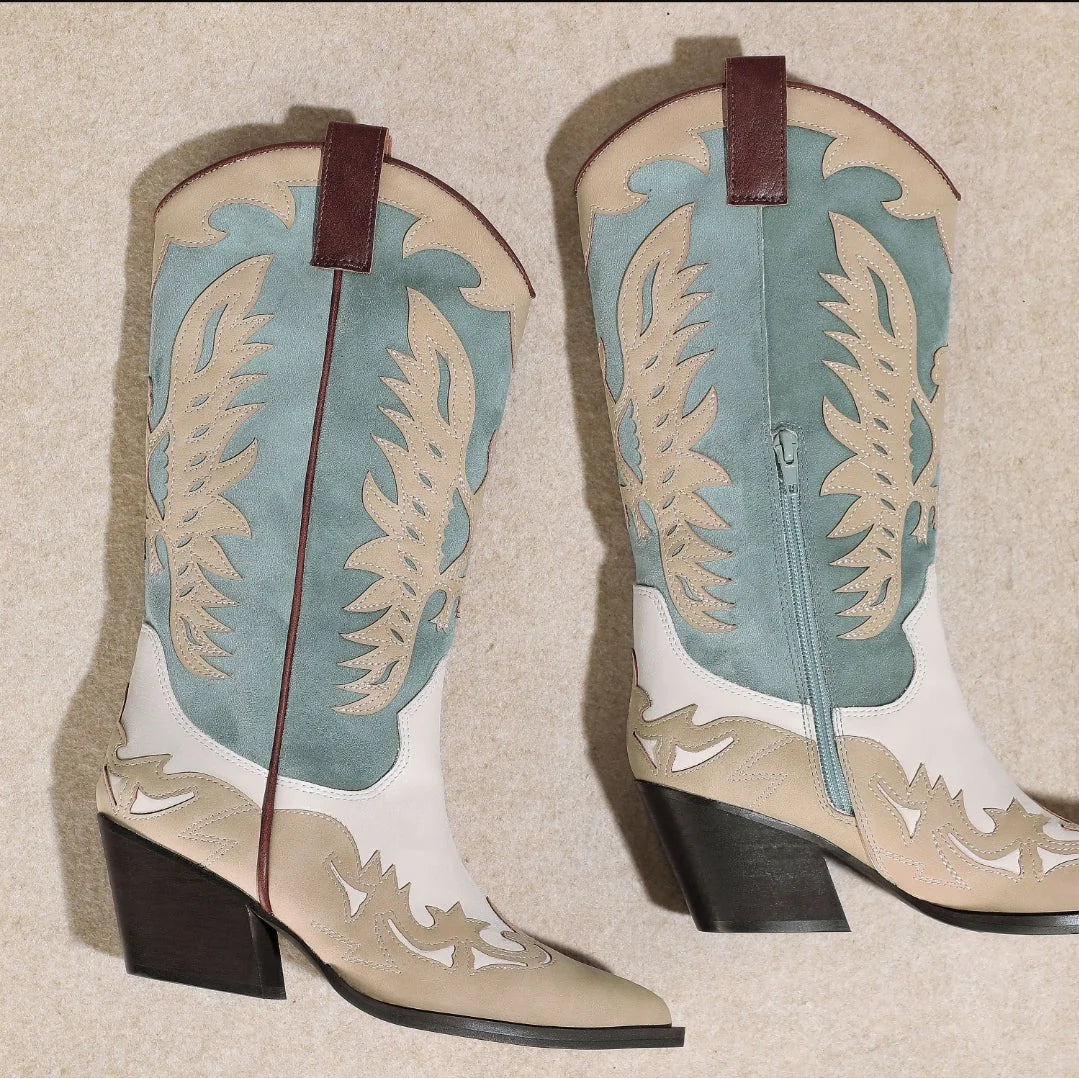 Light blue and beige cowboy boots with decorative stitching - Idaly Mid-Calf Cowgirl Boots