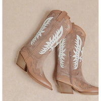 Tan leather Idaly Mid-Calf Cowgirl Boots with white decorative stitching