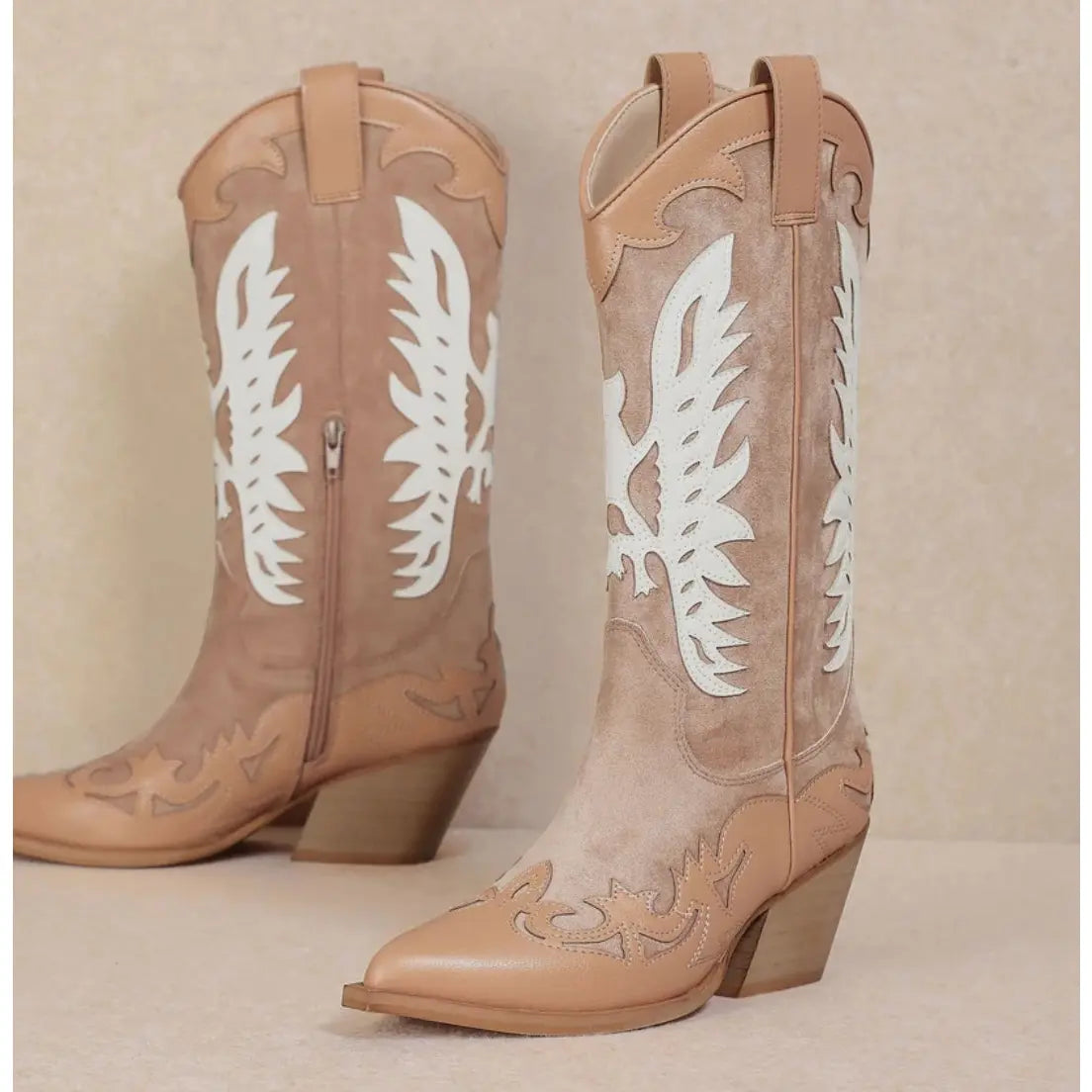 Tan Idaly Mid-Calf Cowgirl Boots with white decorative stitching and designs