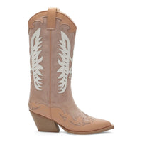 Tan Idaly Mid-Calf Cowgirl Boots with white stitching and pointed toe design