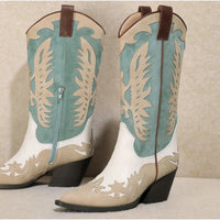 Turquoise and white Idaly Mid-Calf Cowgirl Boots with decorative stitching and cutouts