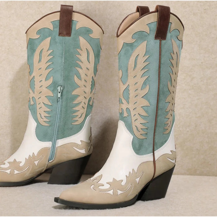Idaly Mid-Calf Cowgirl Boots - White