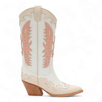 White and pink Idaly Mid-Calf Cowgirl Boots with decorative stitching and wooden heel