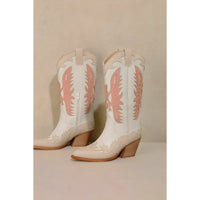 Idaly Mid-Calf Cowgirl Boots feature white leather with pink decorative stitching