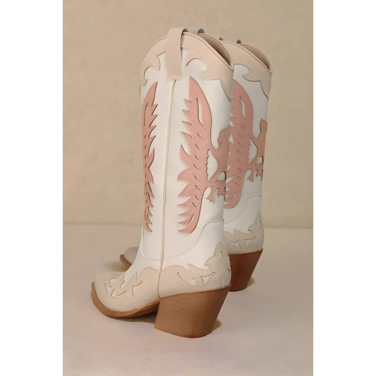 White and pink Idaly Mid-Calf Cowgirl Boots with decorative stitching and overlay patterns