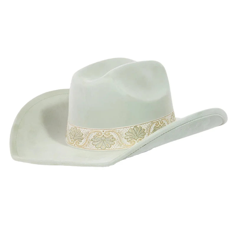 White cowboy hat with an intricate border pattern band and decorative gold floral design