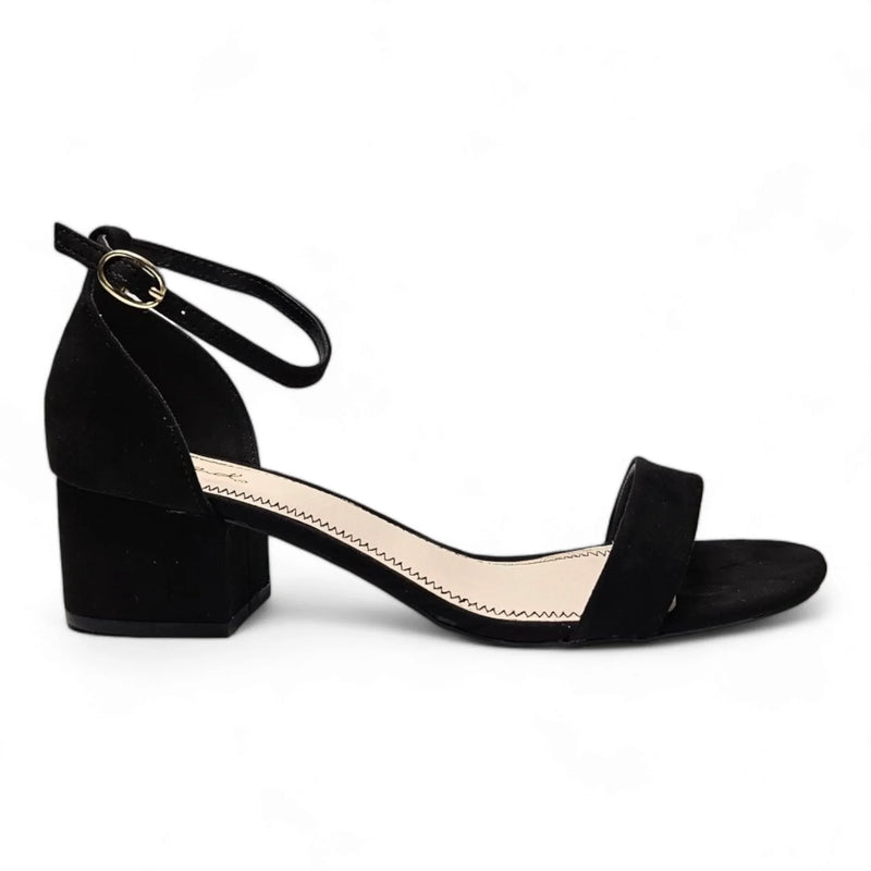 Black suede ankle-strap sandal with low block heel from Basic Short Heel collection