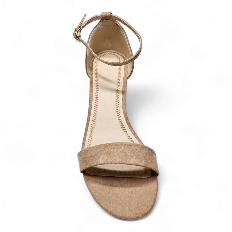 Beige suede ankle-strap sandal with a low heel from Basic Short Heel collection