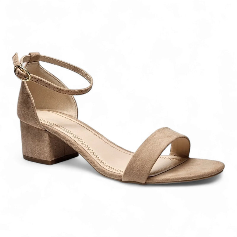 Beige suede ankle-strap sandal with low block heel from Basic Short Heel collection