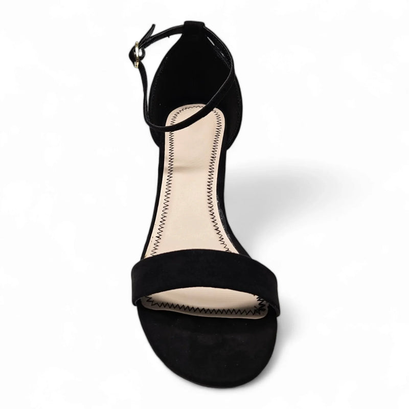 Black suede ankle-strap sandal with a low heel from the Basic Short Heel collection