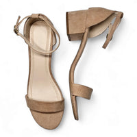 Beige suede ankle-strap sandals with block heels from the Basic Short Heel collection