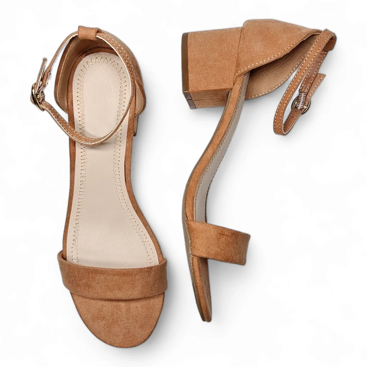 Tan suede ankle-strap sandals with low block heels from the Basic Short Heel collection