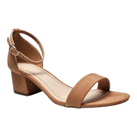 Tan suede sandal with ankle strap and low block heel from the Basic Short Heel collection