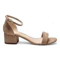 Beige suede ankle-strap sandal with low block heel from the Basic Short Heel collection