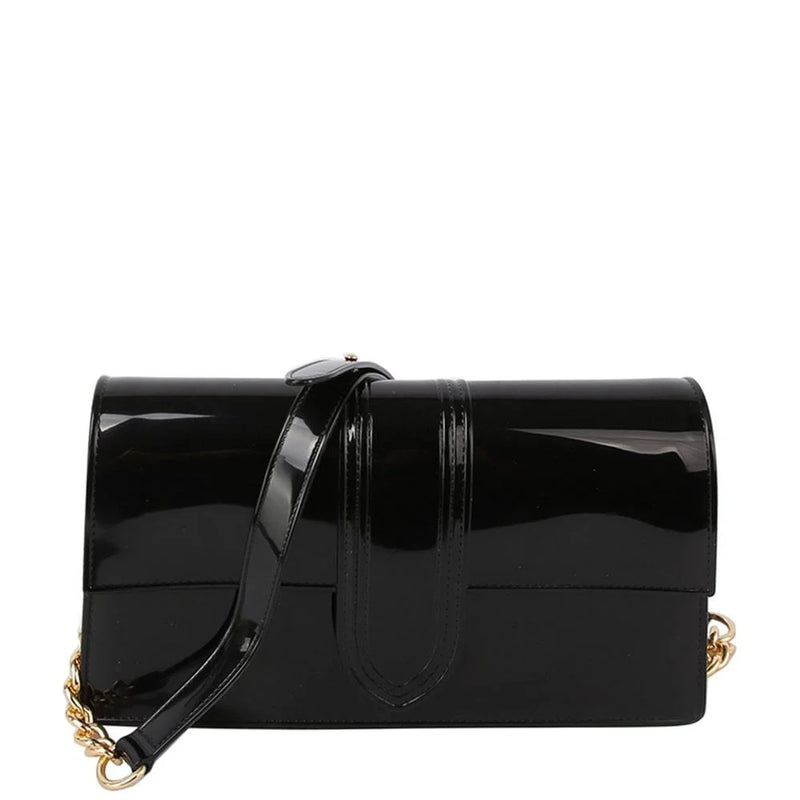 Glossy black patent leather Jelly Crossbody Bag with shoulder strap and gold hardware