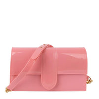 Pink patent leather Jelly Crossbody Bag with gold chain detail and shoulder strap