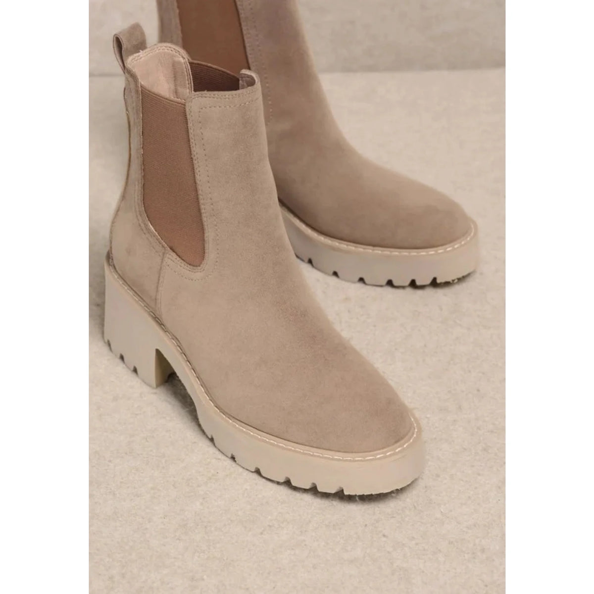 Beige Josie Ankle Boot with chunky ridged soles for trendy fall footwear style