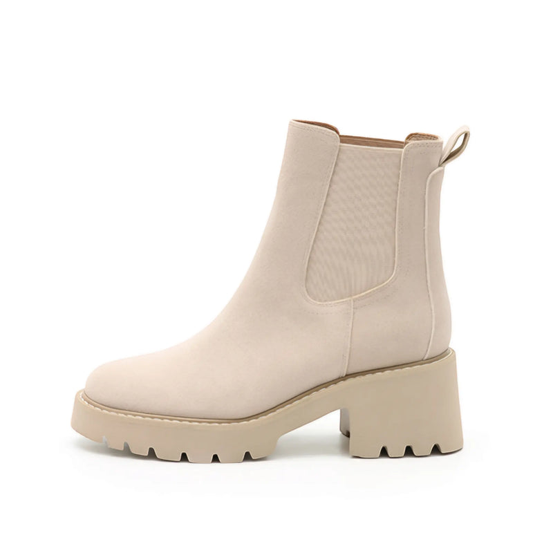 Beige suede ankle boot Josie with chunky platform sole and elastic side panels