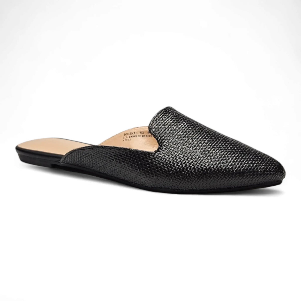 Black textured leather slip-on mule with pointed toe, ideal for chic Raffia Mules style