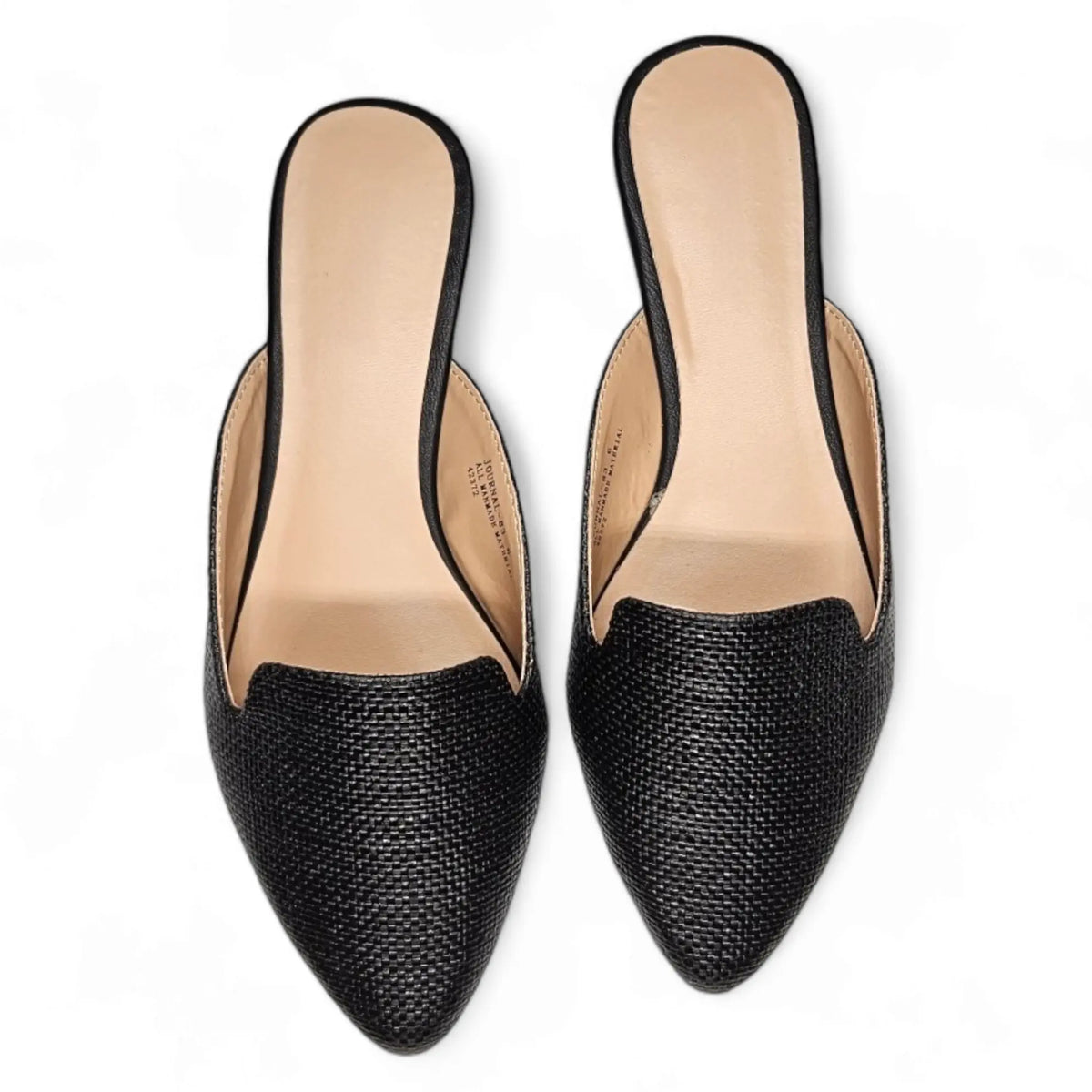 Pair of black pointed-toe raffia mules with textured woven pattern for stylish comfort