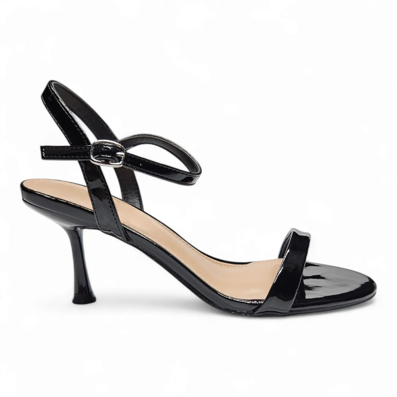 Black patent leather Joy One Band Sling Back Stiletto with ankle strap and curved heel