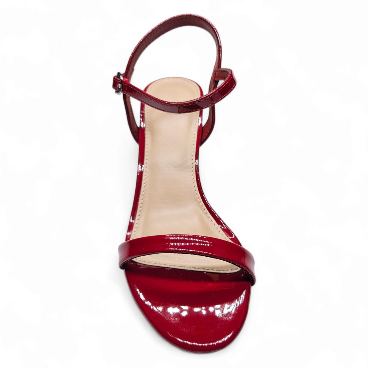 Red patent leather Joy One Band Sling Back Stiletto sandal with ankle strap and thin heel