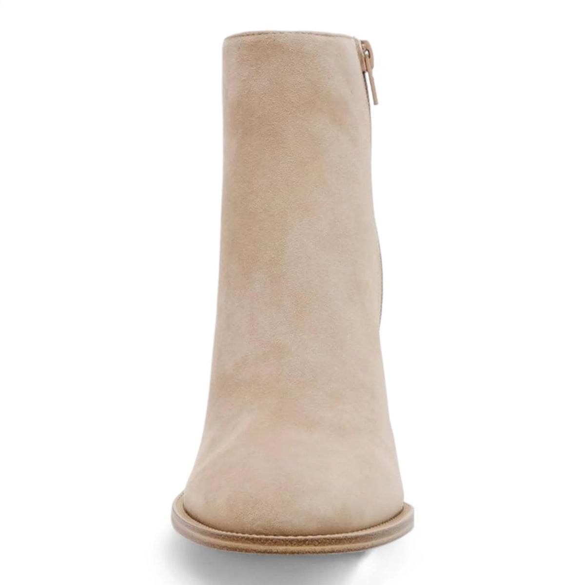 Beige suede ankle boots with side zipper and stacked heel featuring round toe design