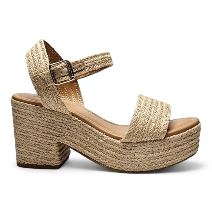 Beige Castle Wedge platform sandal with chunky heel and ankle strap for stylish comfort