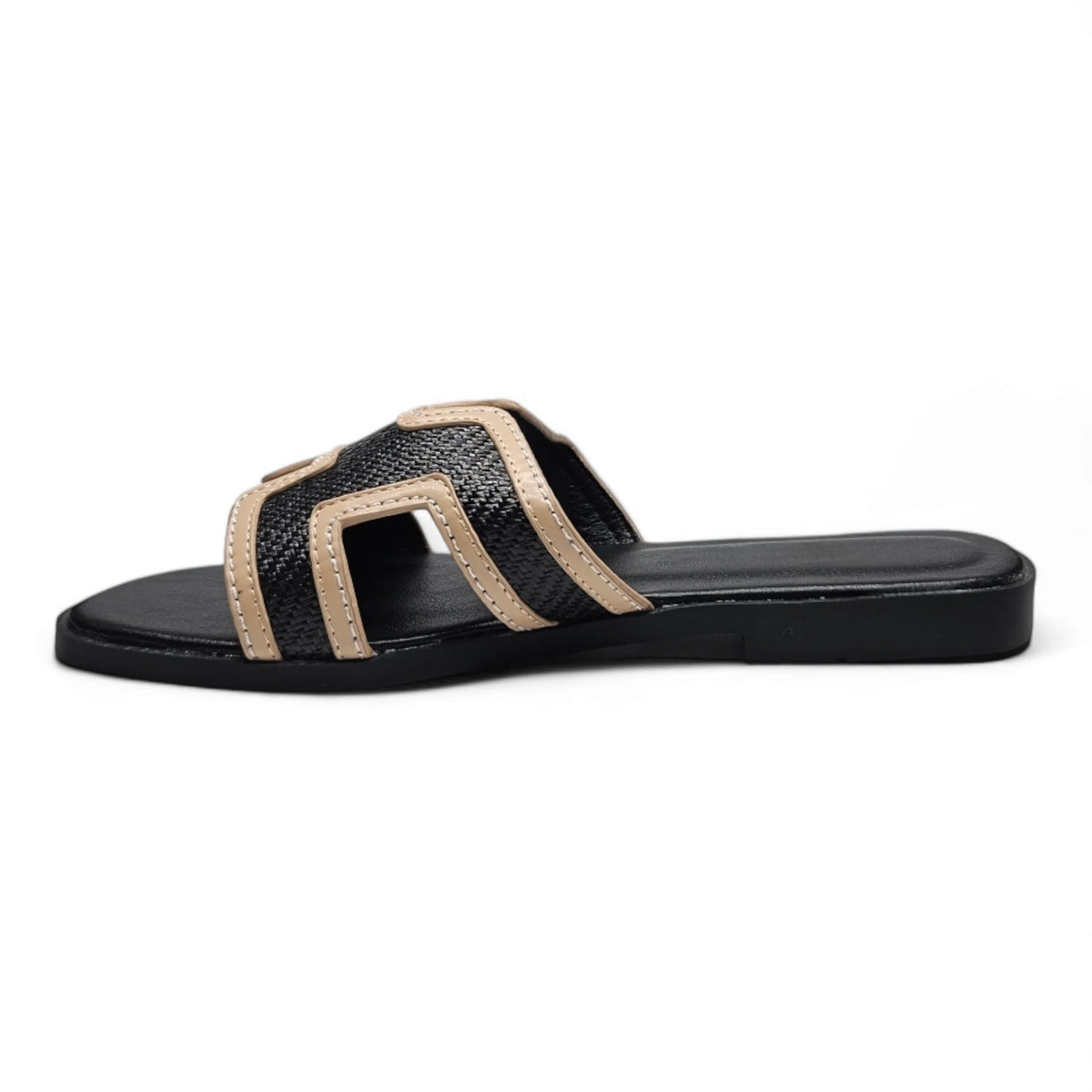Kansas Slip On Sandals featuring black sole and stylish beige-and-black striped straps